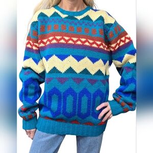Vintage 90s Shetland Wool Geometric Knit Oversized Sweater Colorful L